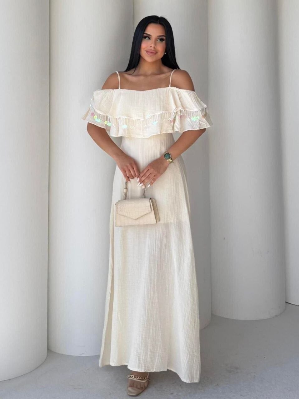 ASPRIN Elegant Off-Shoulder Maxi Dress – Luxury Turkish Summer Dress