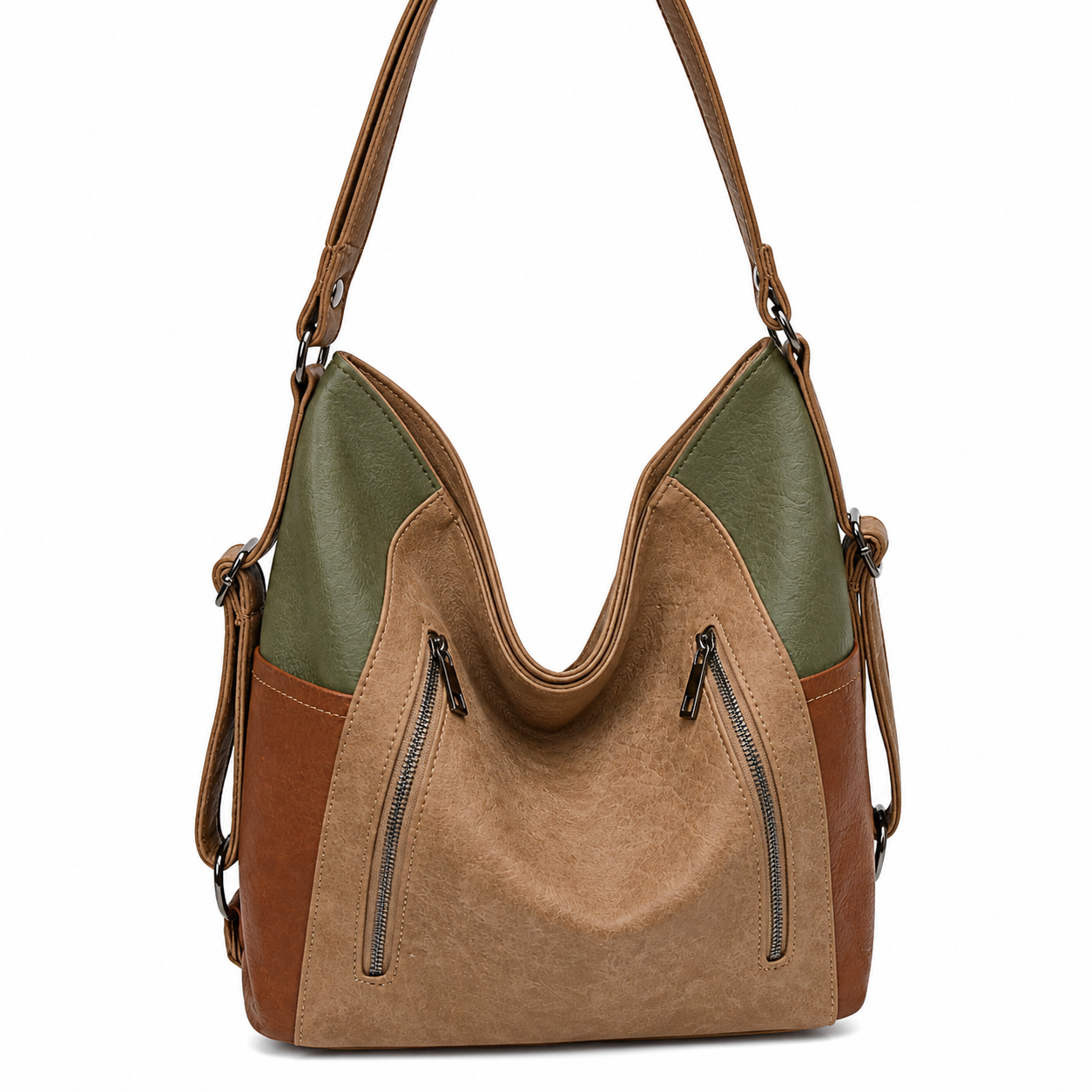 Sellona Bag Brown & Green Two-Tone Suede Hobo Shoulder Bag with Dual Zipper Detail – Turkish Design
