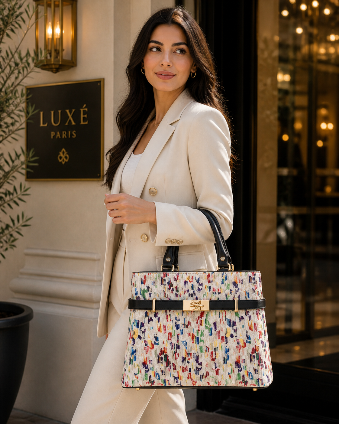 Molita Multicolor Brush Pattern Structured Handbag with Gold Lock Detail – Turkish Design