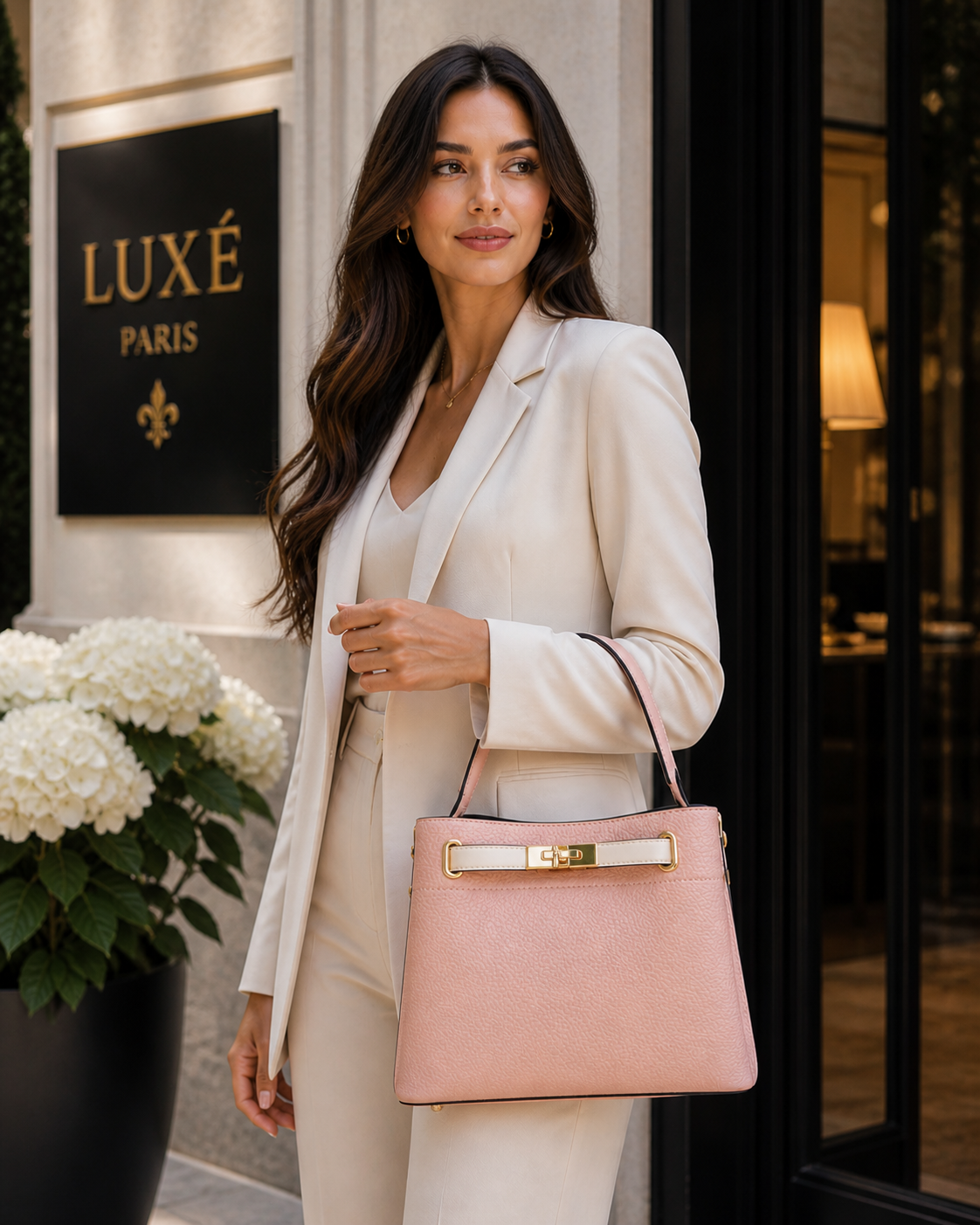 Molita Blush Pink Textured Handbag with Cream Strap & Gold Lock Detail – Turkish Design
