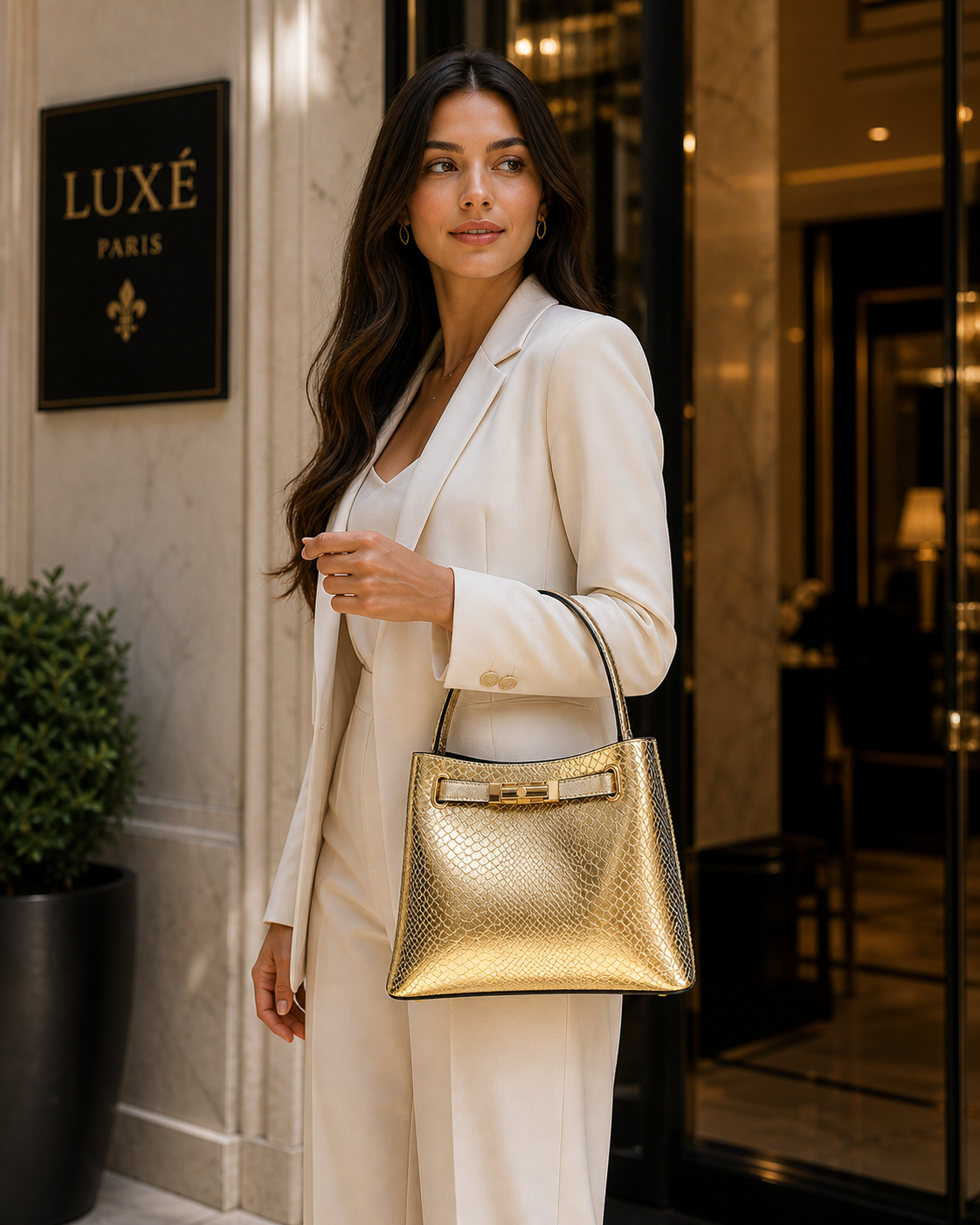 Molita Gold Metallic Croc Texture Handbag with Gold Lock Detail – Turkish Design