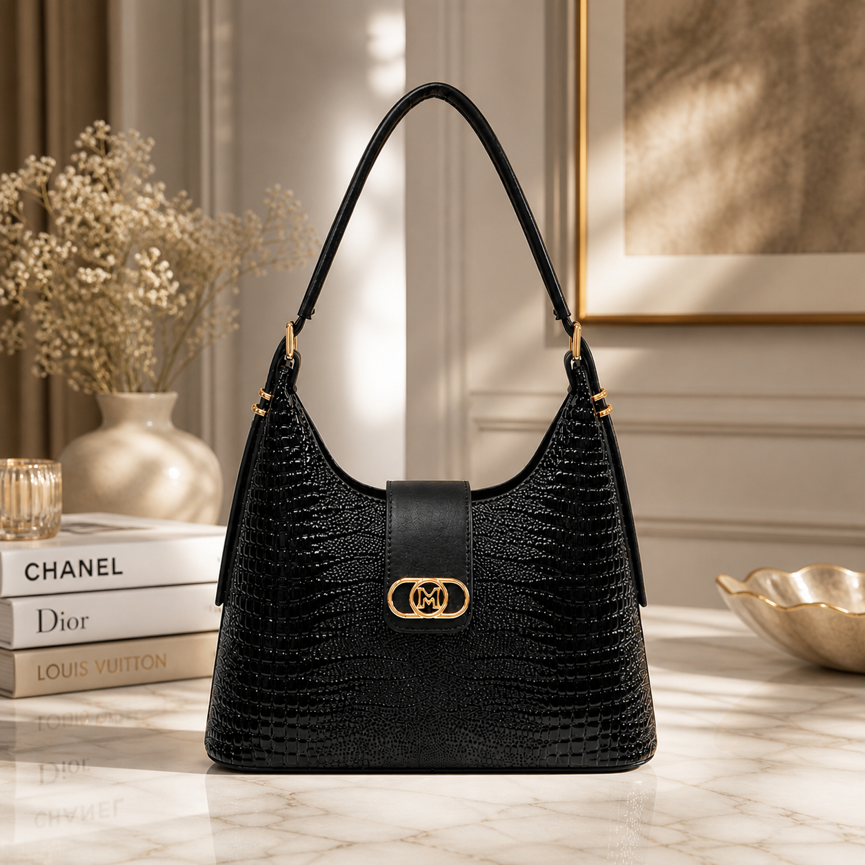 Molita Black Croc-Embossed Glossy Leather Shoulder Handbag – Turkish Design