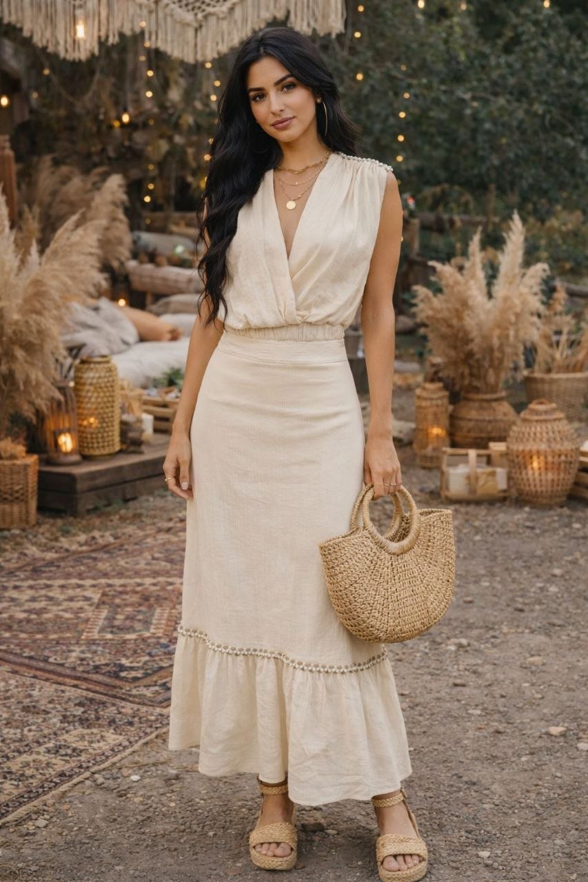 ASPRIN Beige Boho Midi Dress – Luxury Turkish Summer Style