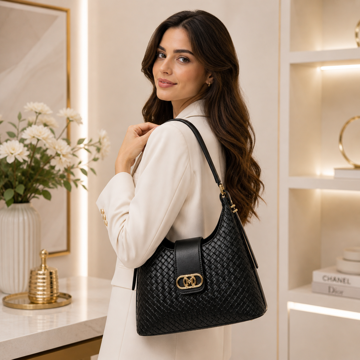 Molita Black Woven Vegan Leather Shoulder Bag – Elegant Turkish Handbag