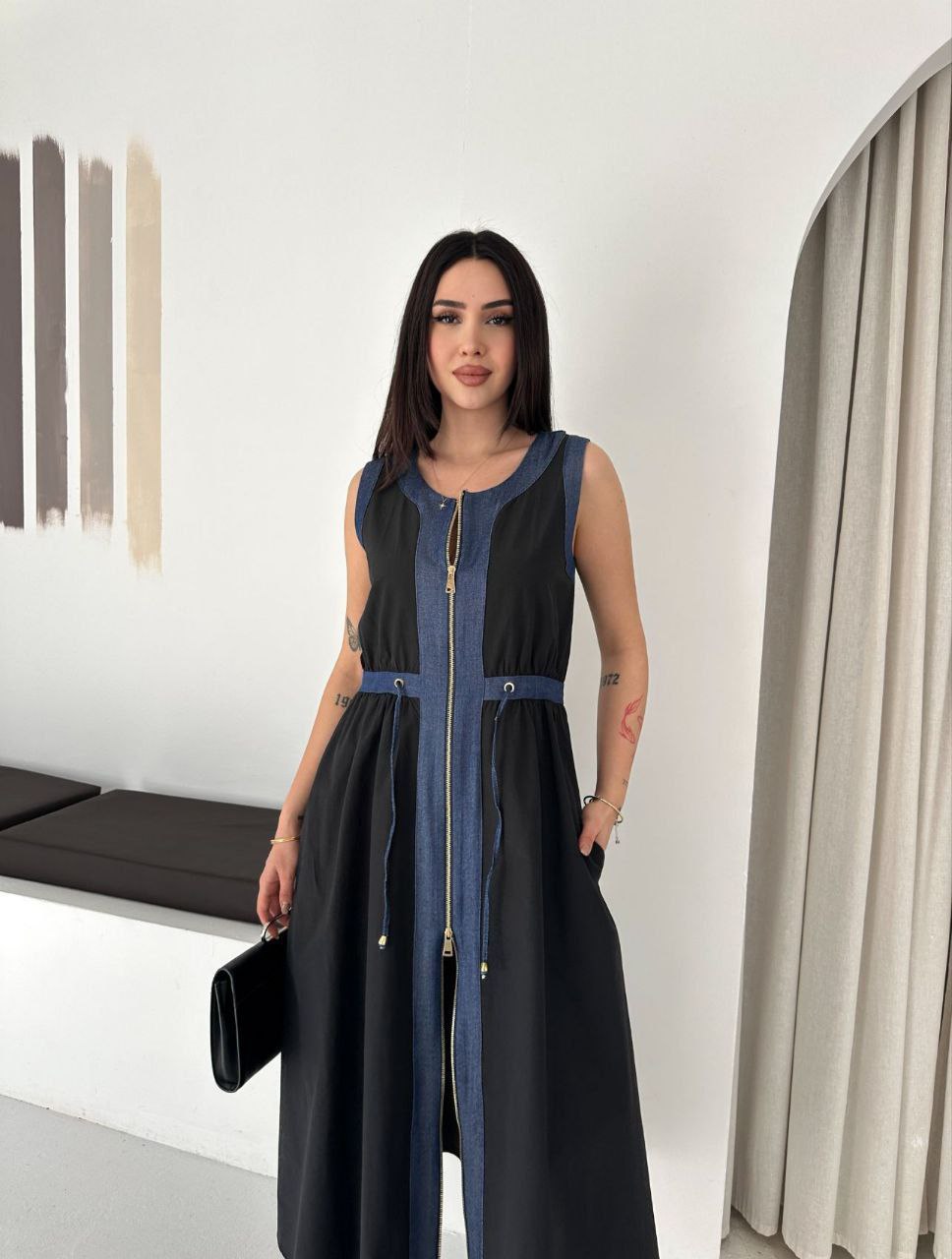 ASPRIN Black & Denim Maxi Dress – Luxury Turkish Elegant Style