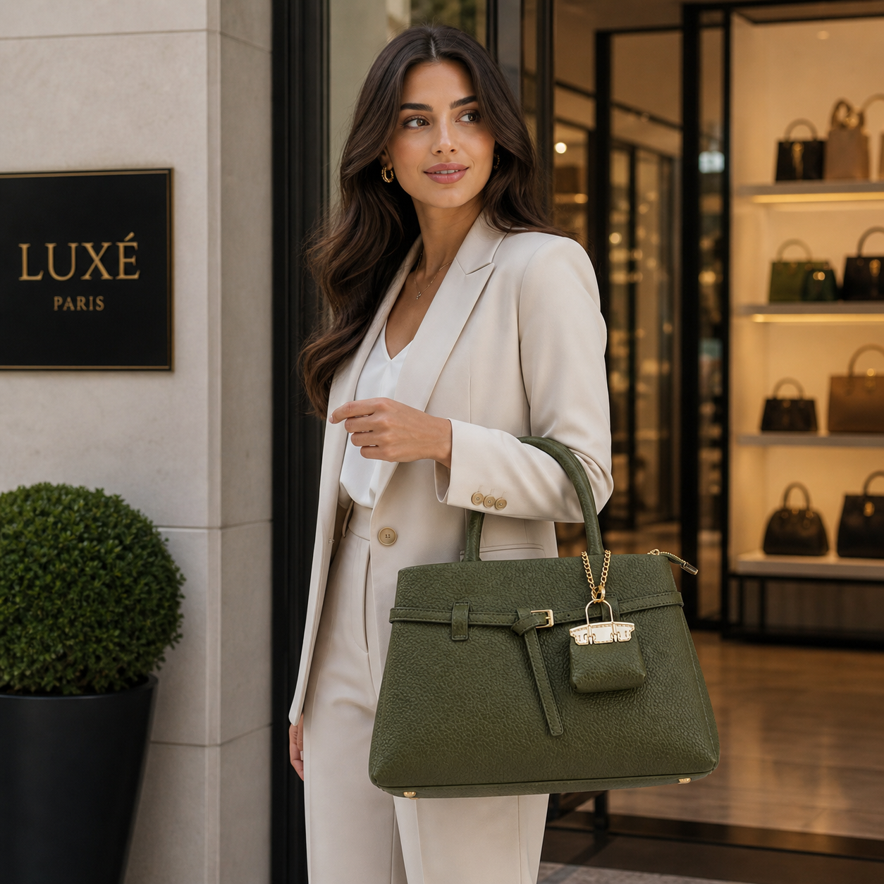 Molita Olive Green Textured Handbag with Charm & Gold Detail – Turkish Design