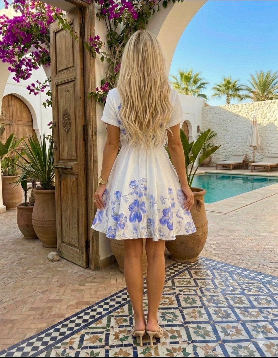 ASPRIN Azure Bloom Midi Dress – Luxury Turkish Floral Shirt Dress