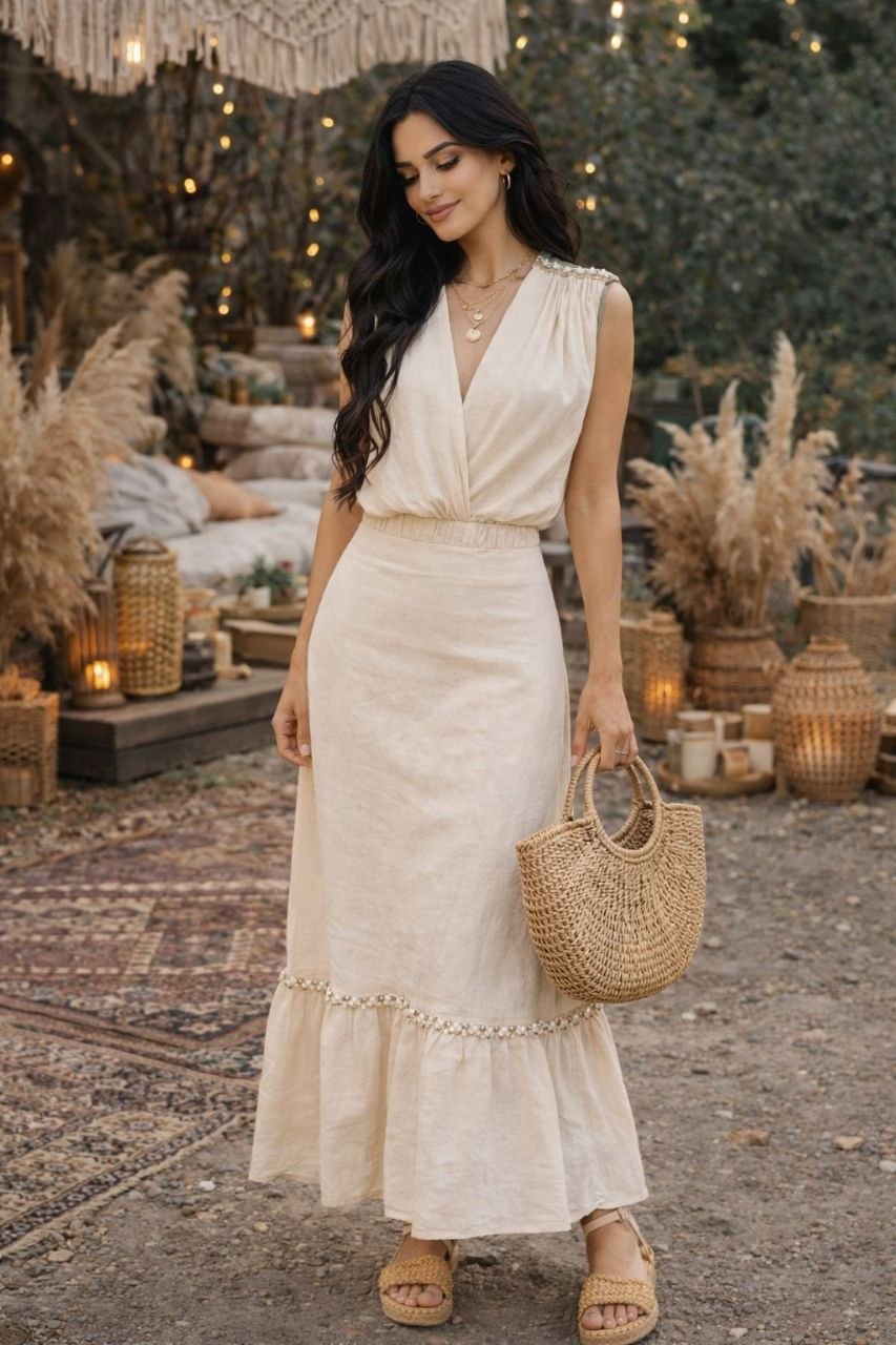 ASPRIN Beige Boho Midi Dress – Luxury Turkish Summer Style