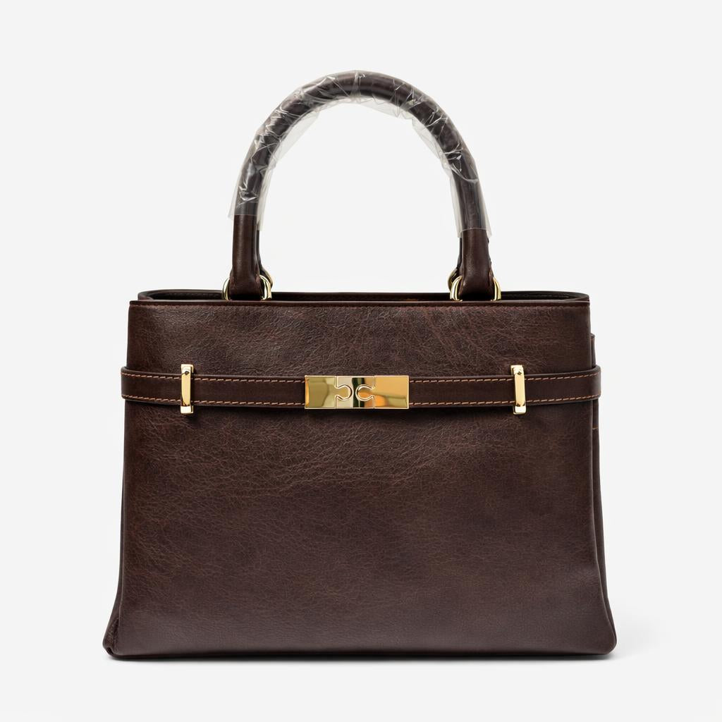 Molita Dark Brown Classic Handbag with Gold Lock Detail – Turkish Design