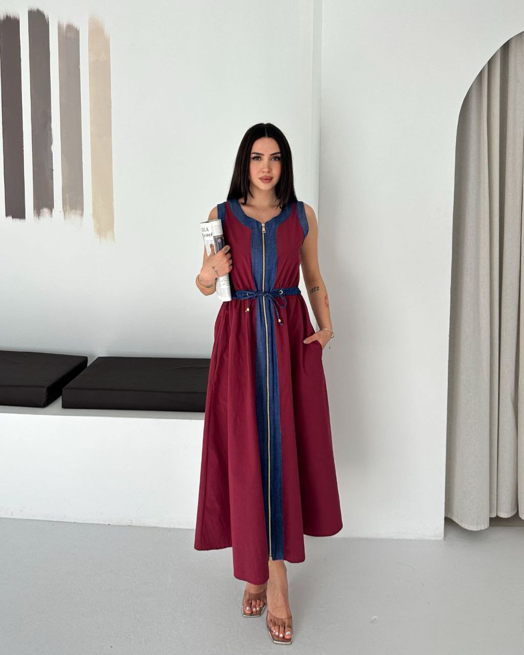 ASPRIN Burgundy & Denim Maxi Dress – Luxury Turkish Elegant Style