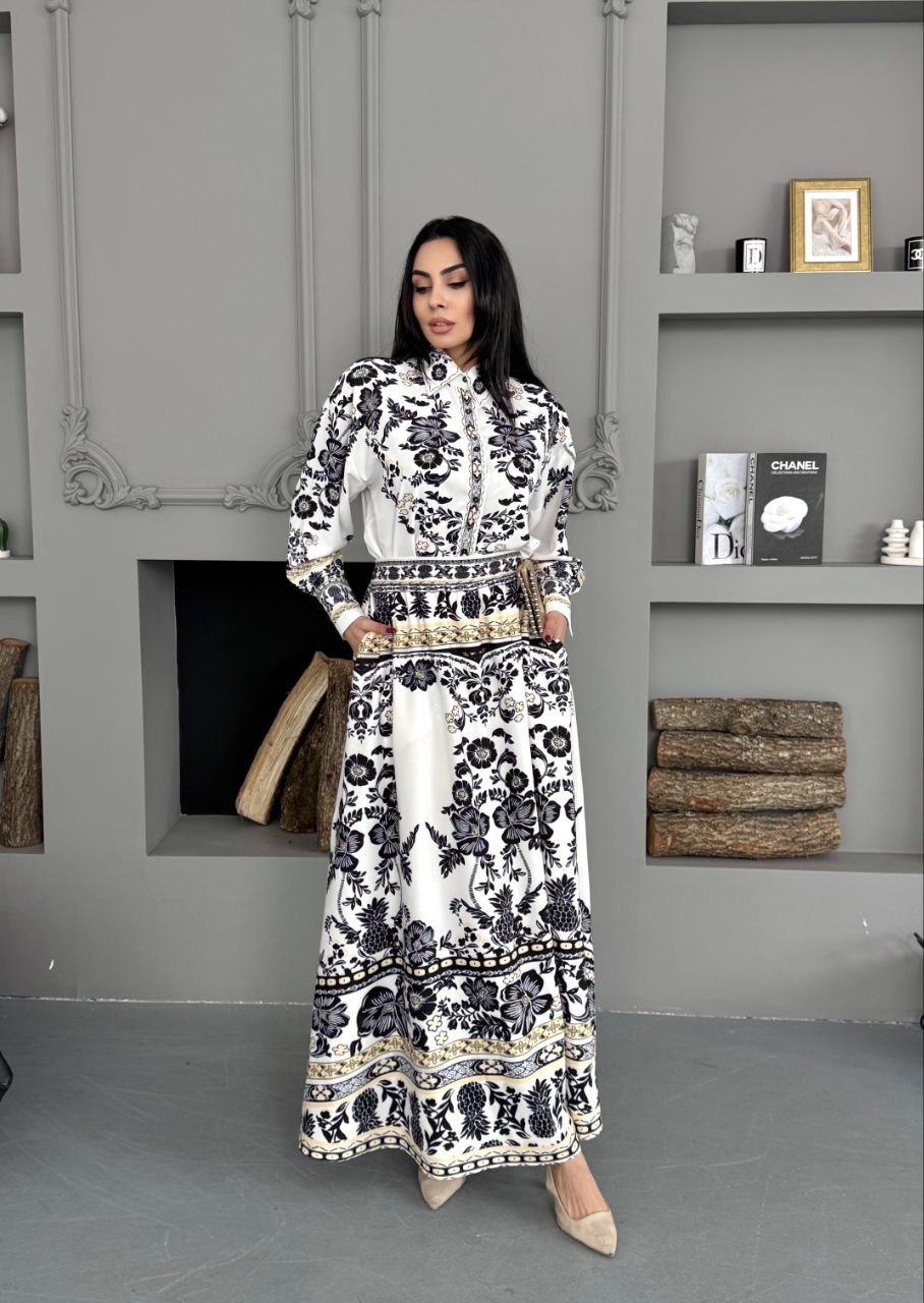 MSN Monochrome Floral Skirt Set – Luxury Turkish Elegant Two-Piece Style