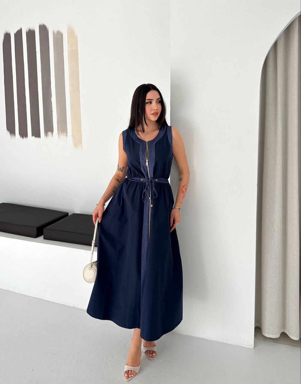 ASPRIN Navy & Denim Maxi Dress – Luxury Turkish Elegant Style
