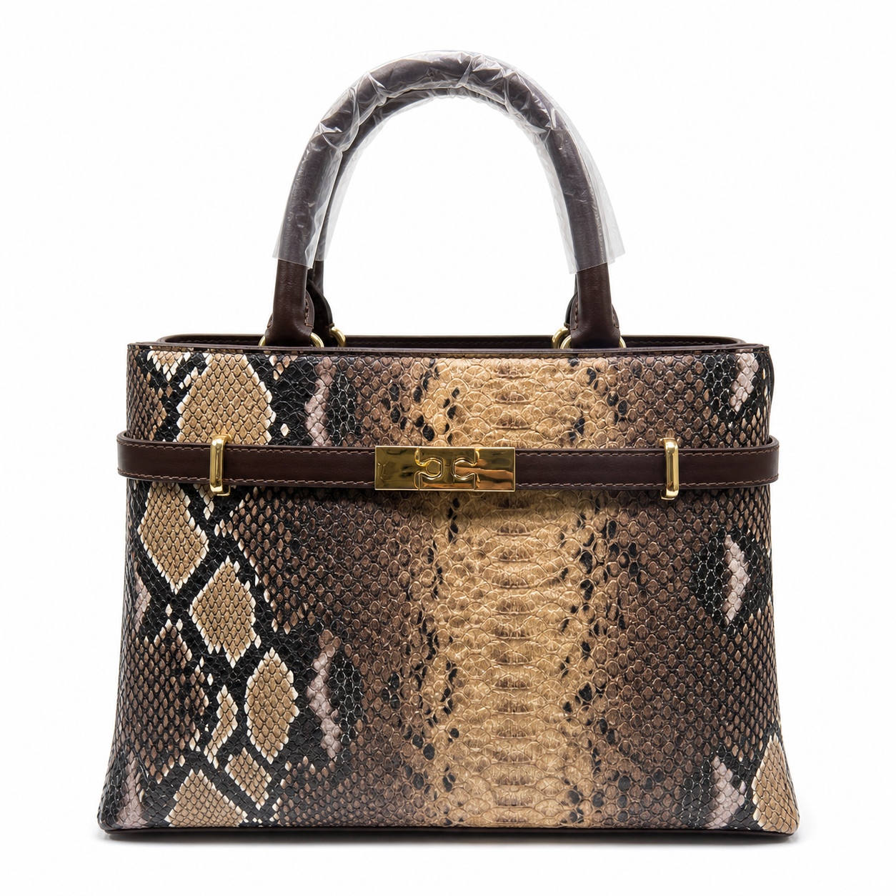 Molita Snake Print Handbag in Brown & Beige with Gold Lock Detail – Turkish Design