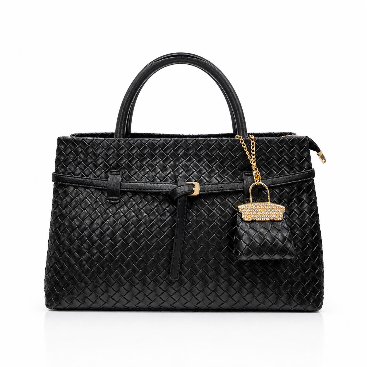 Molita Black Woven Leather Tote Bag with Charm – Turkish Design