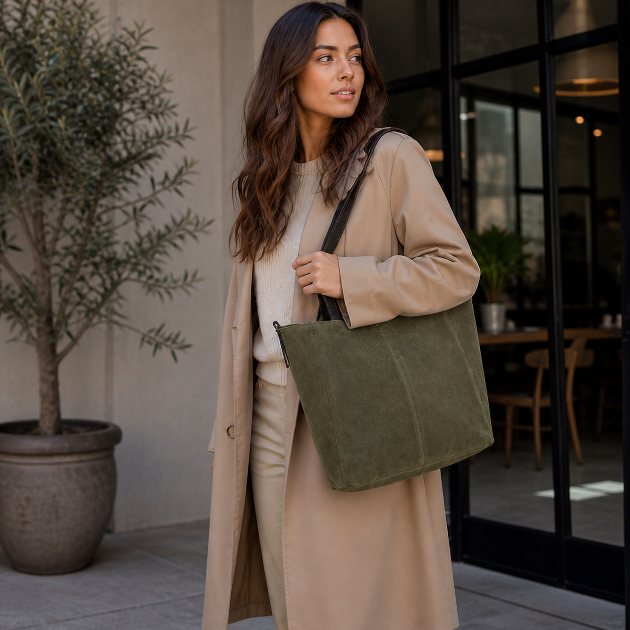 Sellona Bag Olive Green Suede Tote Shoulder Bag – Turkish Design