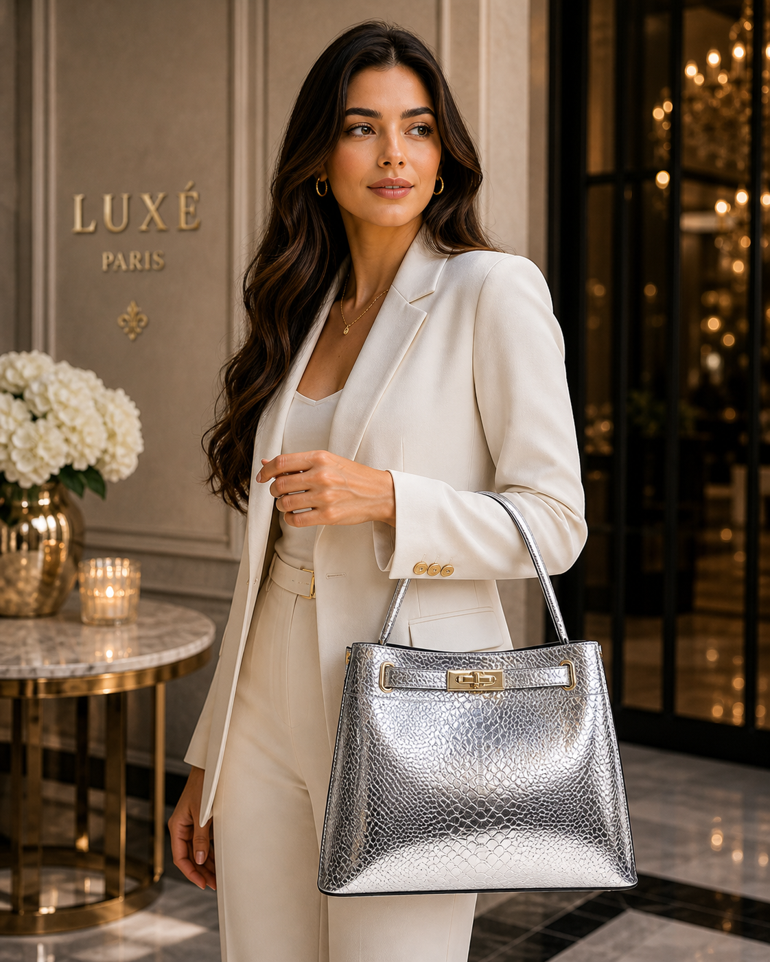 Molita Silver Snake Pattern Glossy Handbag with Gold Lock Detail – Turkish Design
