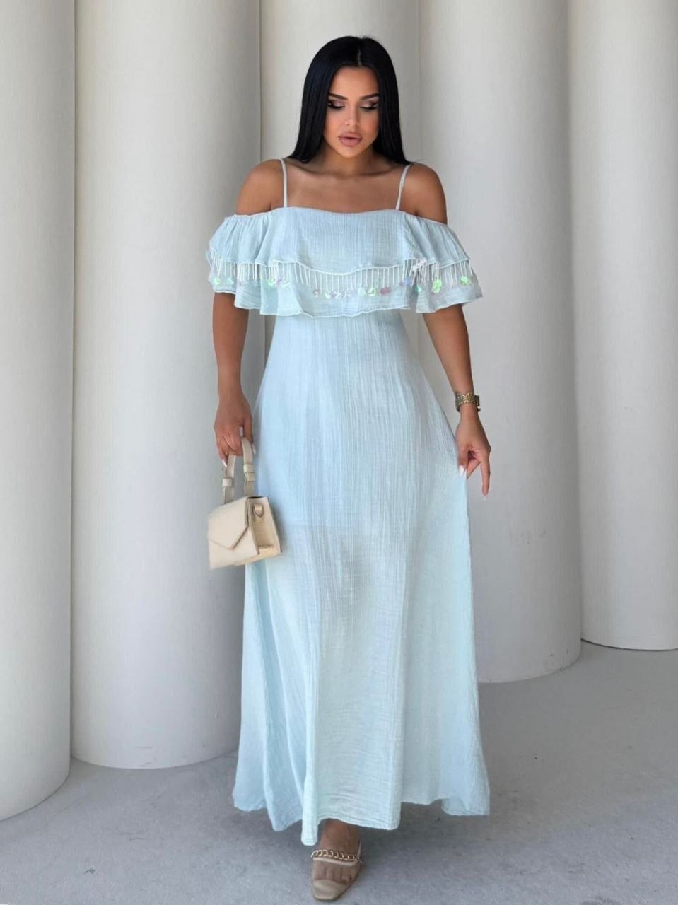 ASPRIN Sky Breeze Off-Shoulder Maxi Dress – Luxury Turkish Summer Dress
