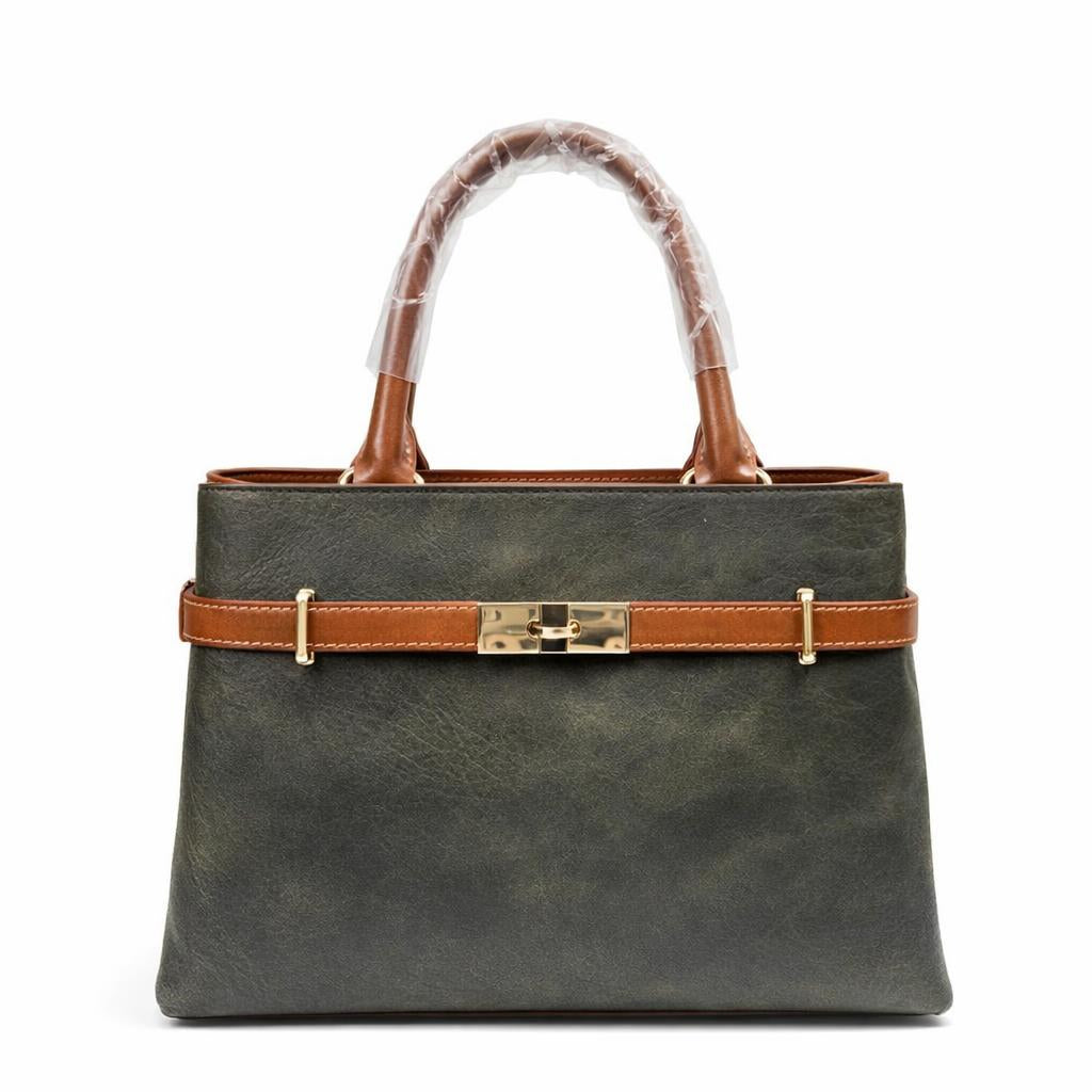 Molita Olive Green Handbag with Tan Strap & Gold Lock Detail – Turkish Design