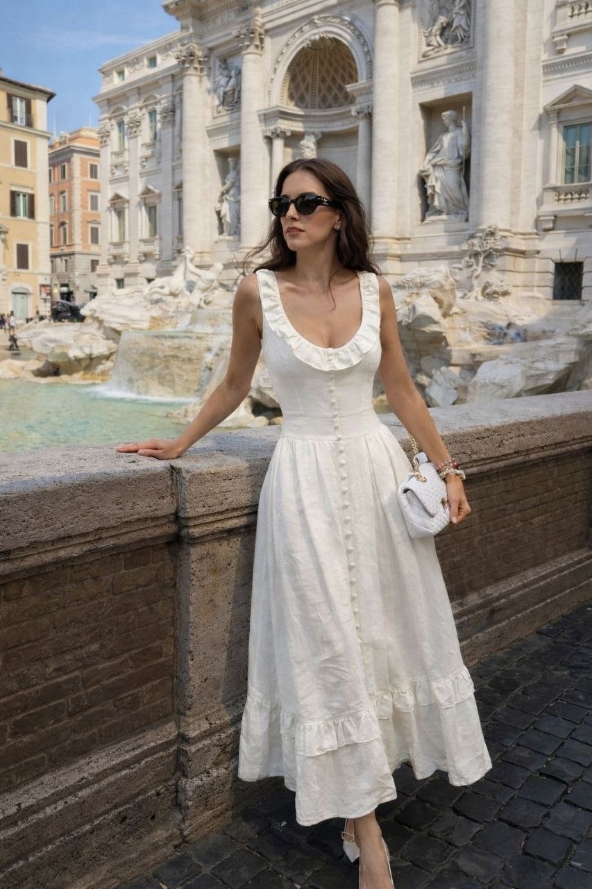 ASPRIN Roman Elegance Midi Dress – Luxury Turkish White Dress