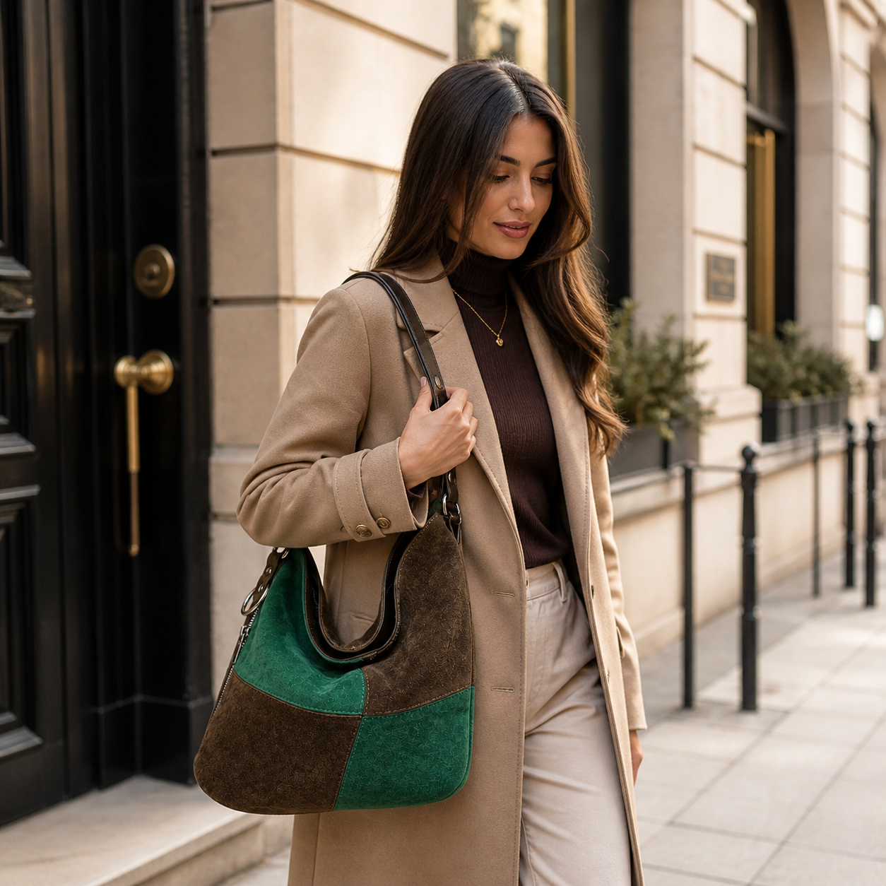 Sellona Bag Green & Brown Suede Hobo Shoulder Bag with Zipper Detail – Turkish Design