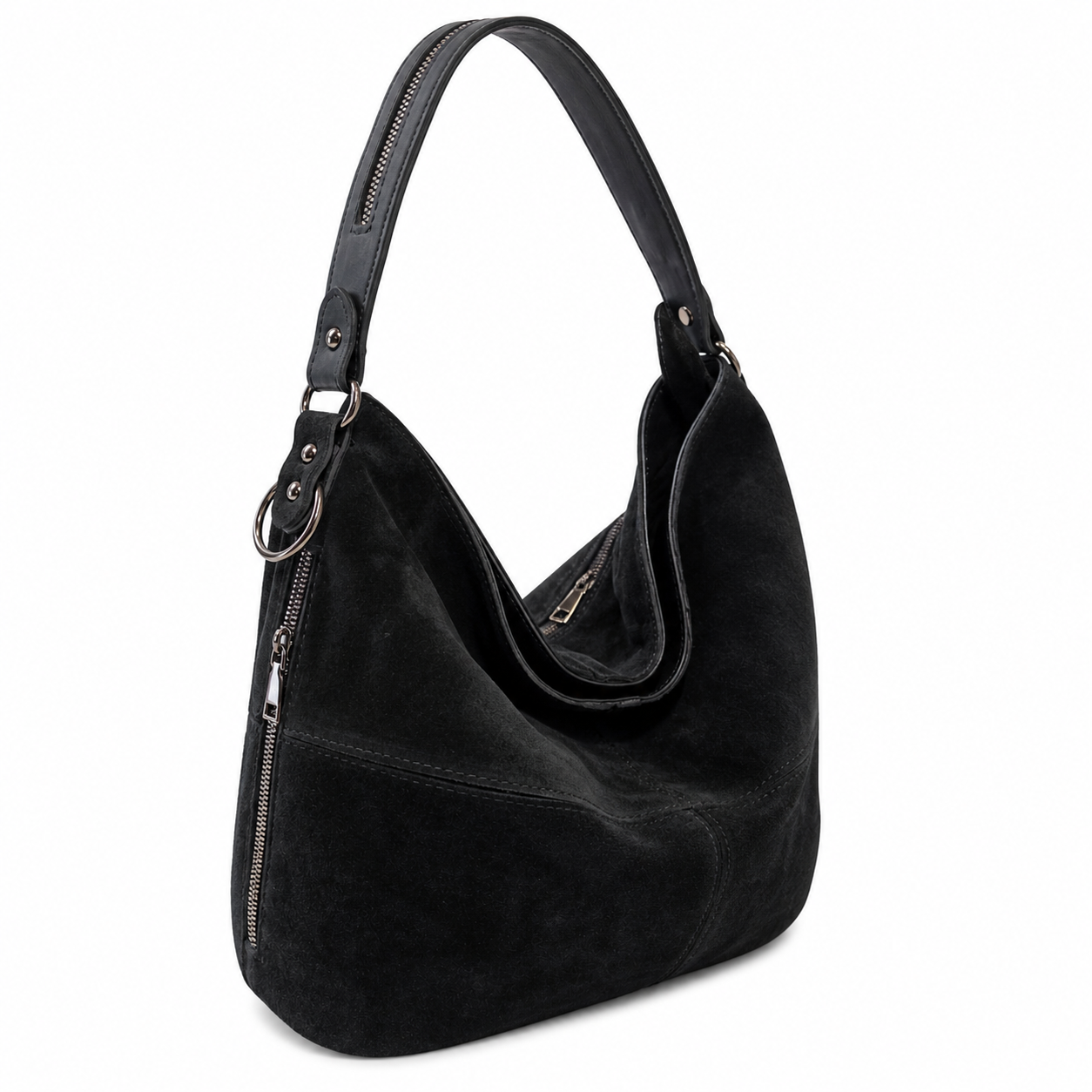 Sellona Bag Black Suede Hobo Shoulder Bag with Zipper Detail – Turkish Design