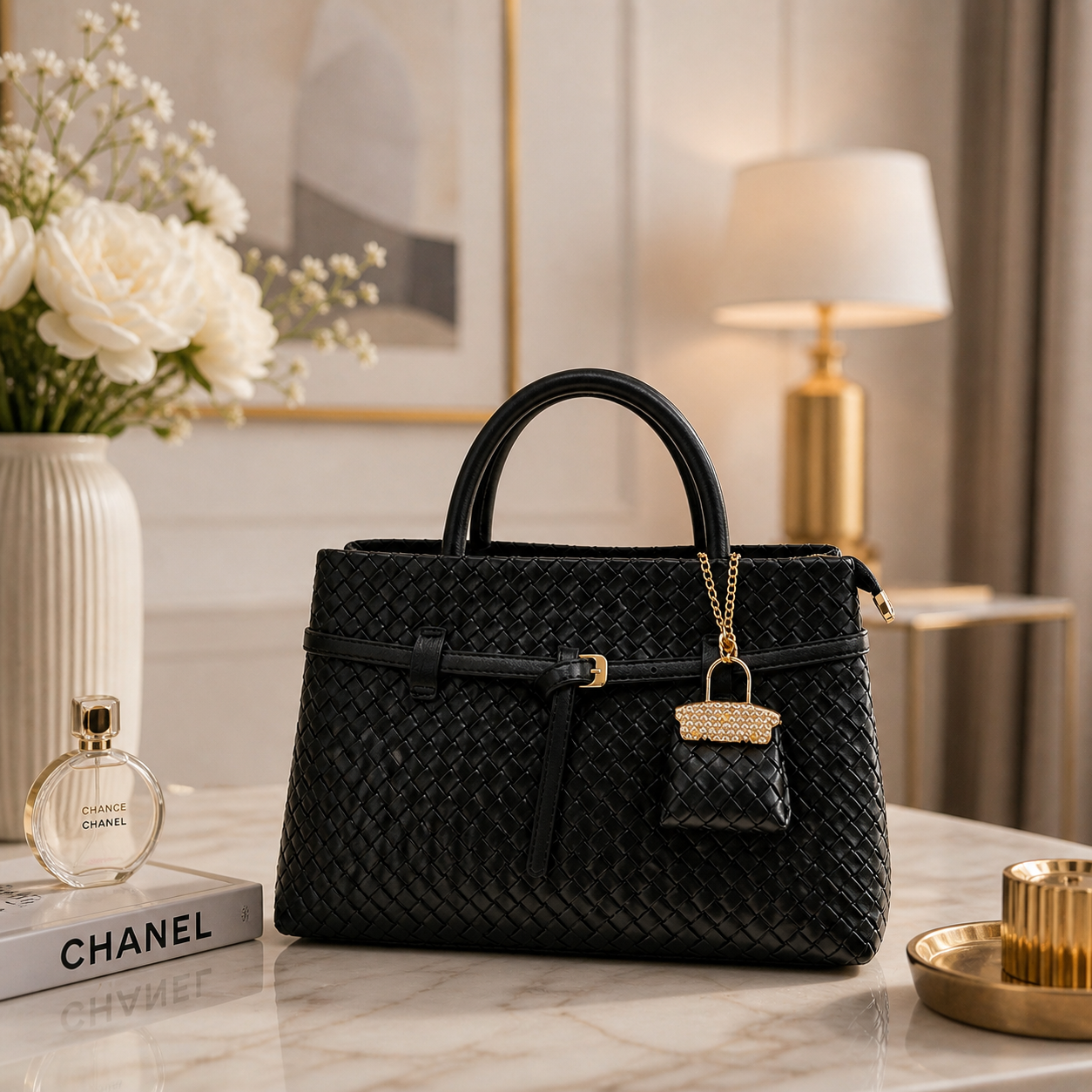 Molita Black Woven Leather Tote Bag with Charm – Turkish Design