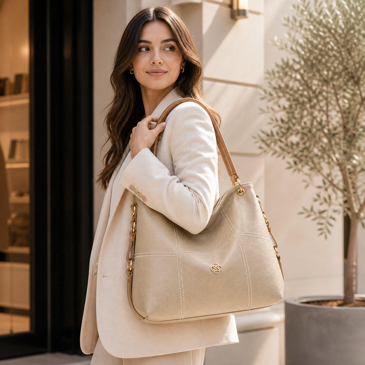 Molita Beige Leather Shoulder Handbag with Tan Handle – Turkish Design