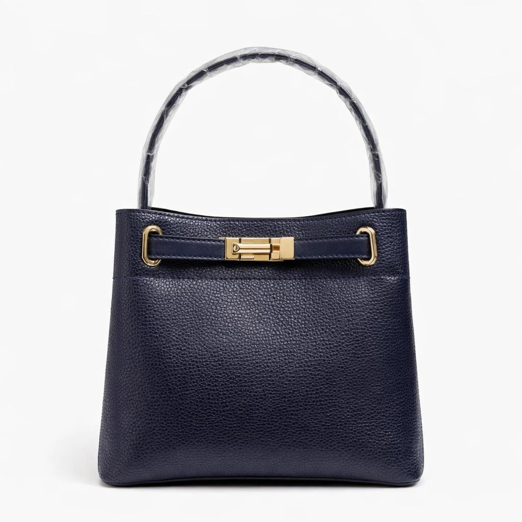 Molita Navy Blue Classic Textured Handbag with Gold Lock Detail – Turkish Design