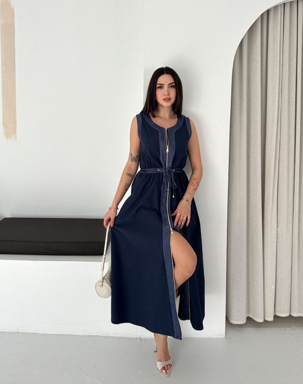 ASPRIN Navy & Denim Maxi Dress – Luxury Turkish Elegant Style