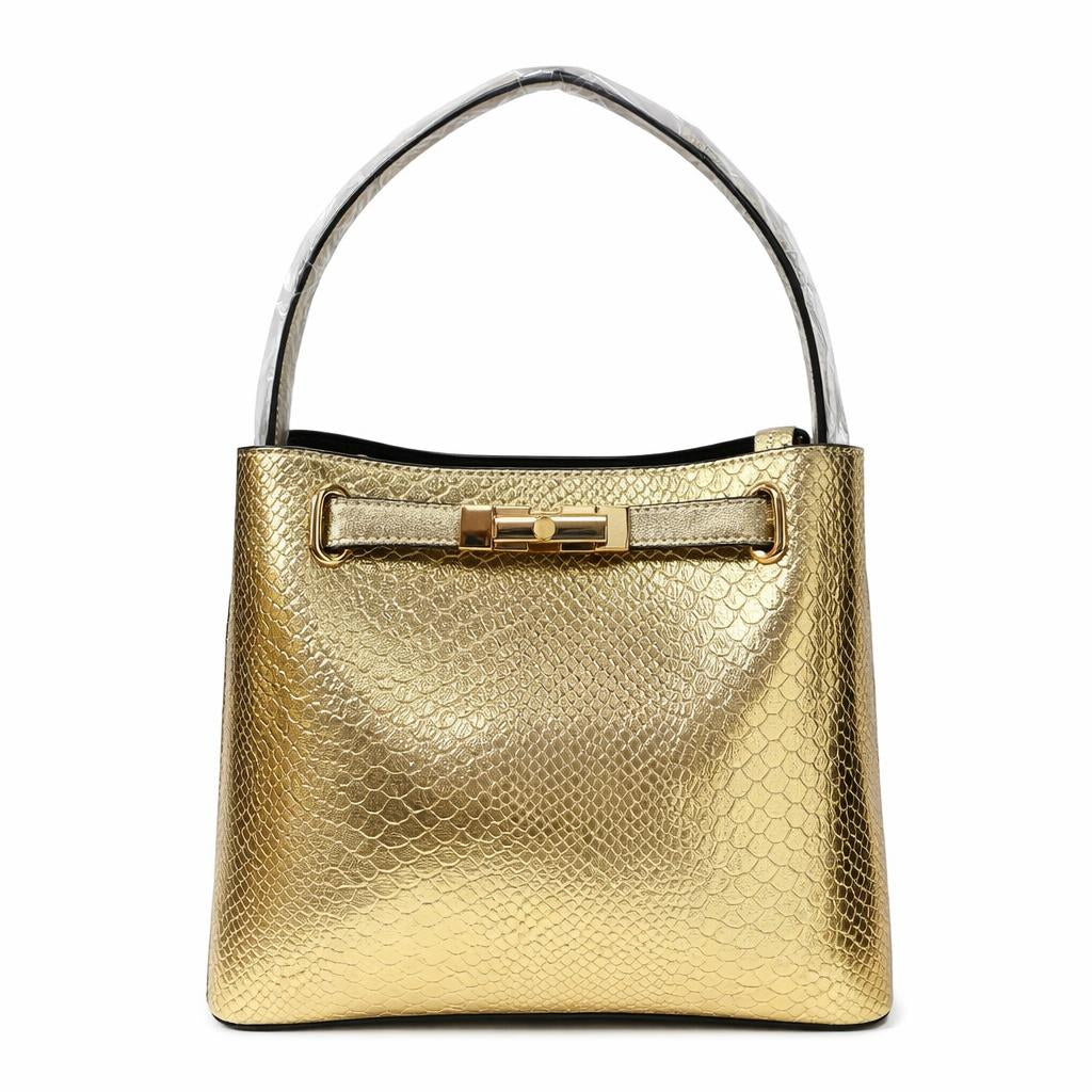 Molita Gold Metallic Croc Texture Handbag with Gold Lock Detail – Turkish Design
