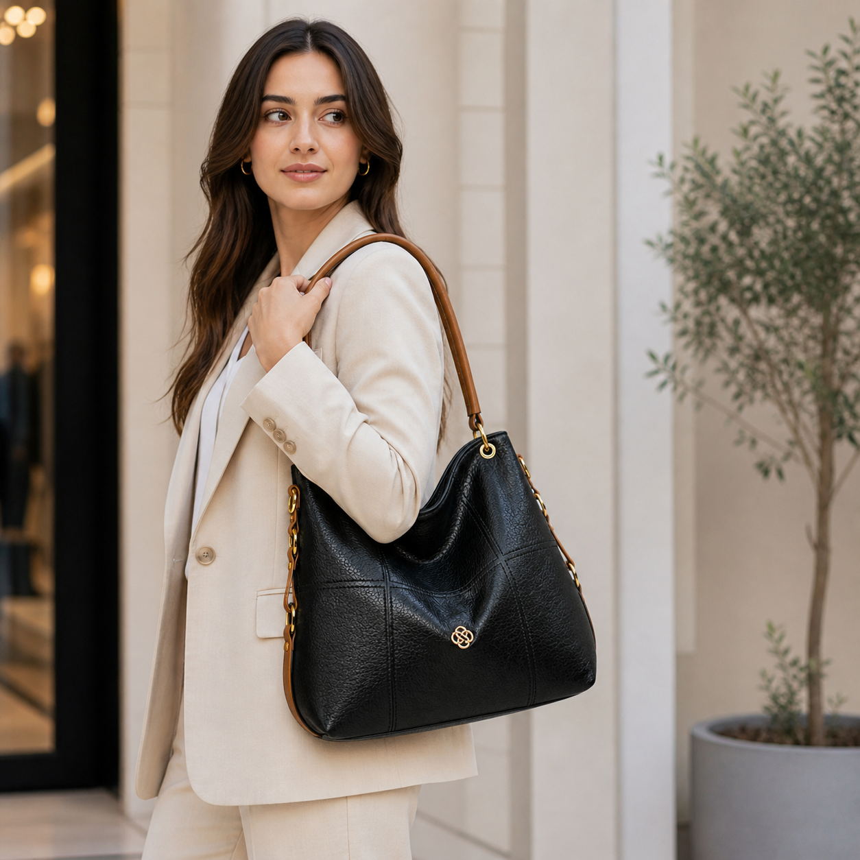 Molita Black Leather Shoulder Handbag with Tan Handle – Turkish Design