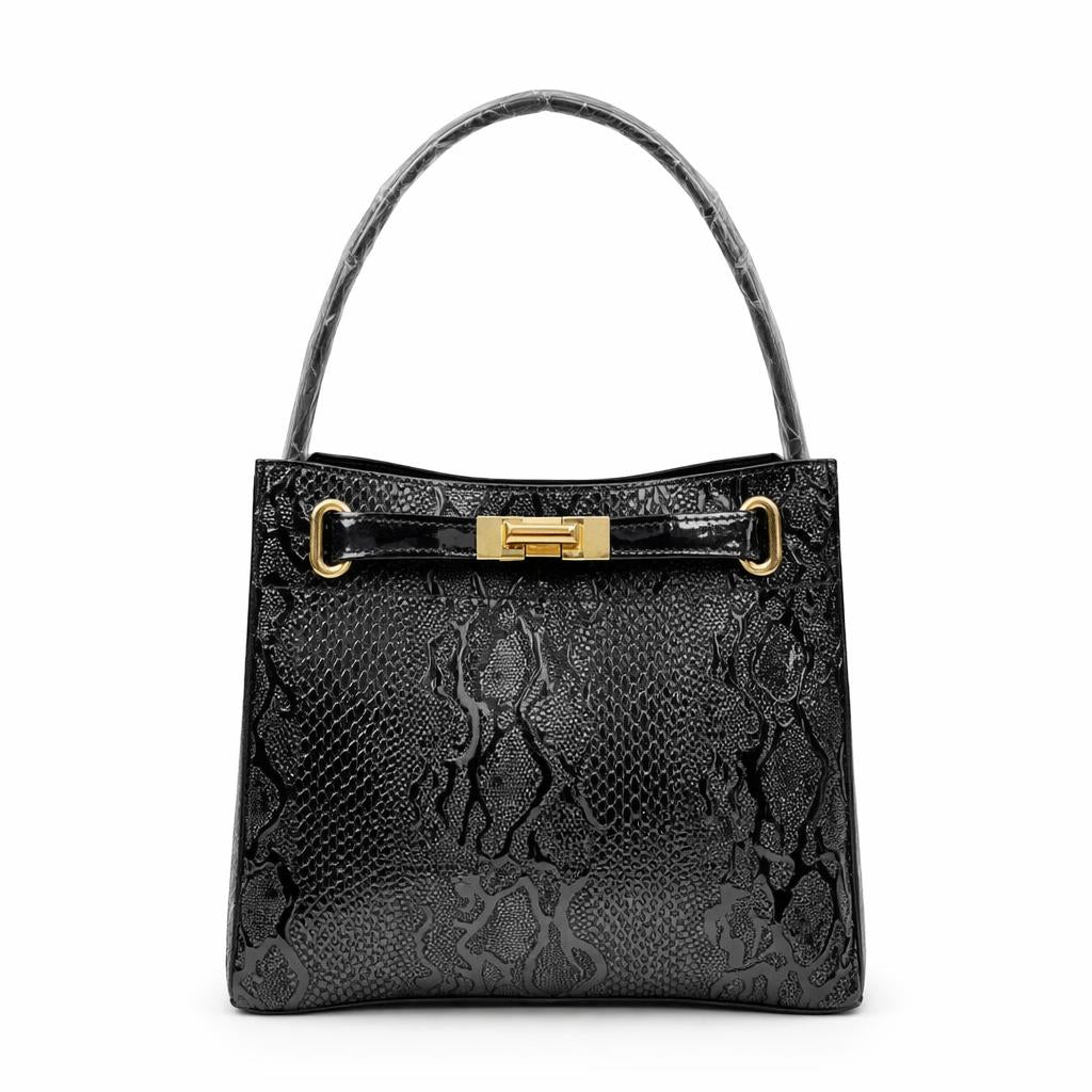 Molita Black Snake Pattern Glossy Handbag with Gold Lock Detail – Turkish Design