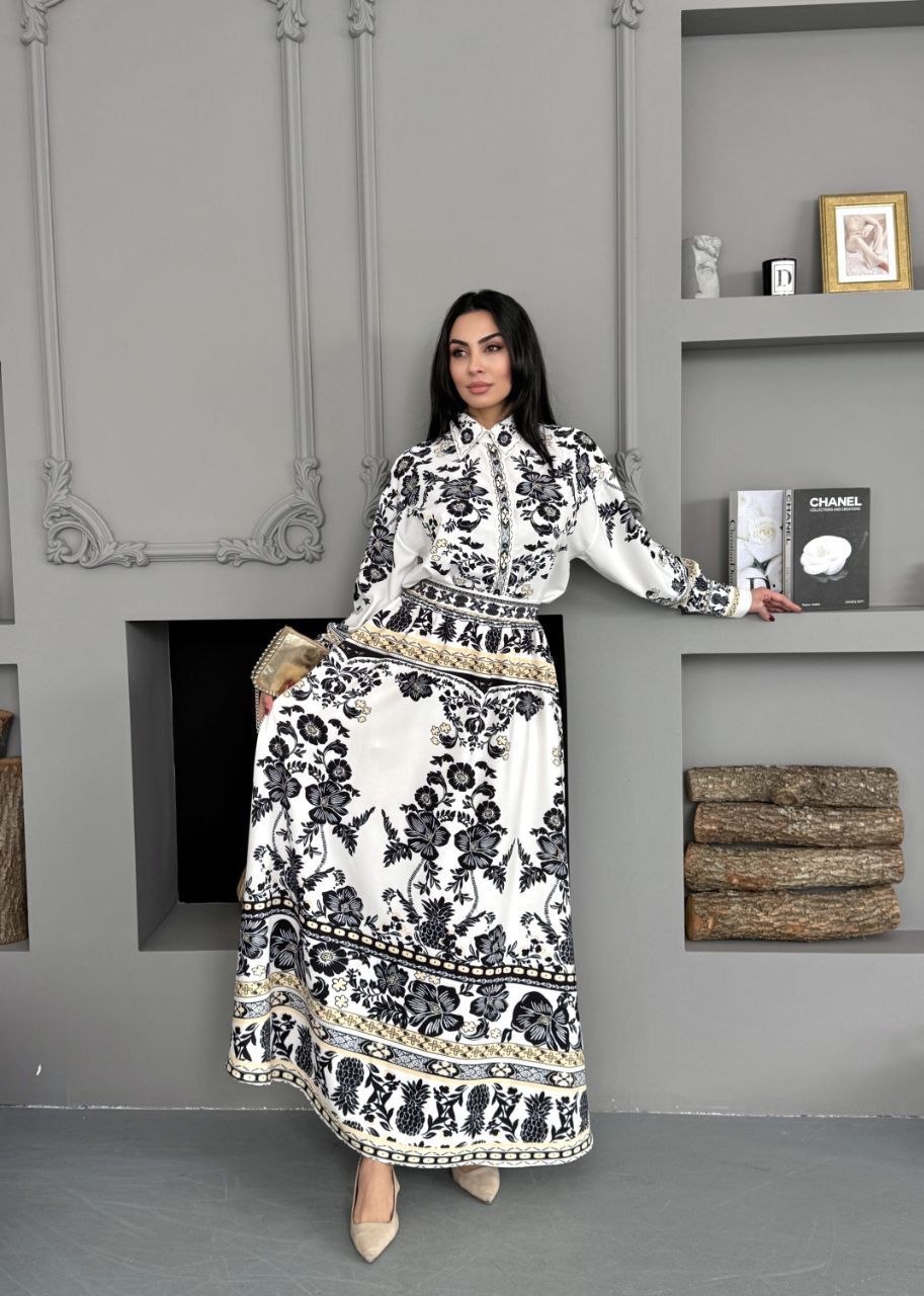 MSN Monochrome Floral Skirt Set – Luxury Turkish Elegant Two-Piece Style