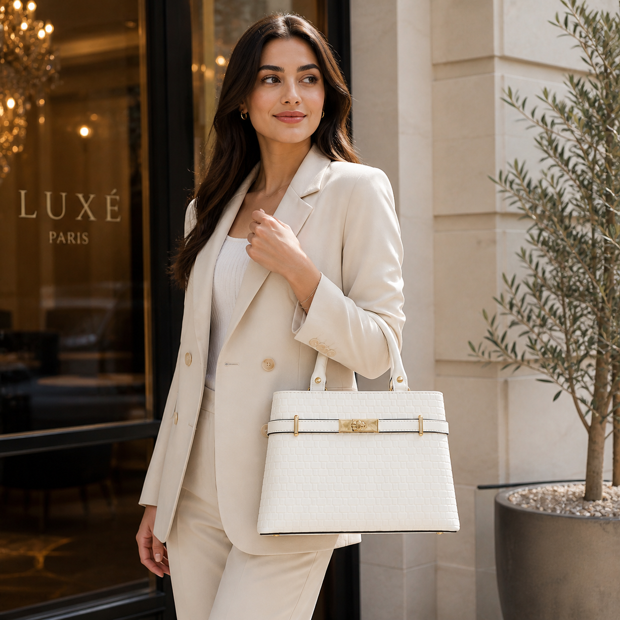 Molita White Woven Texture Structured Handbag with Gold Lock Detail – Turkish Design