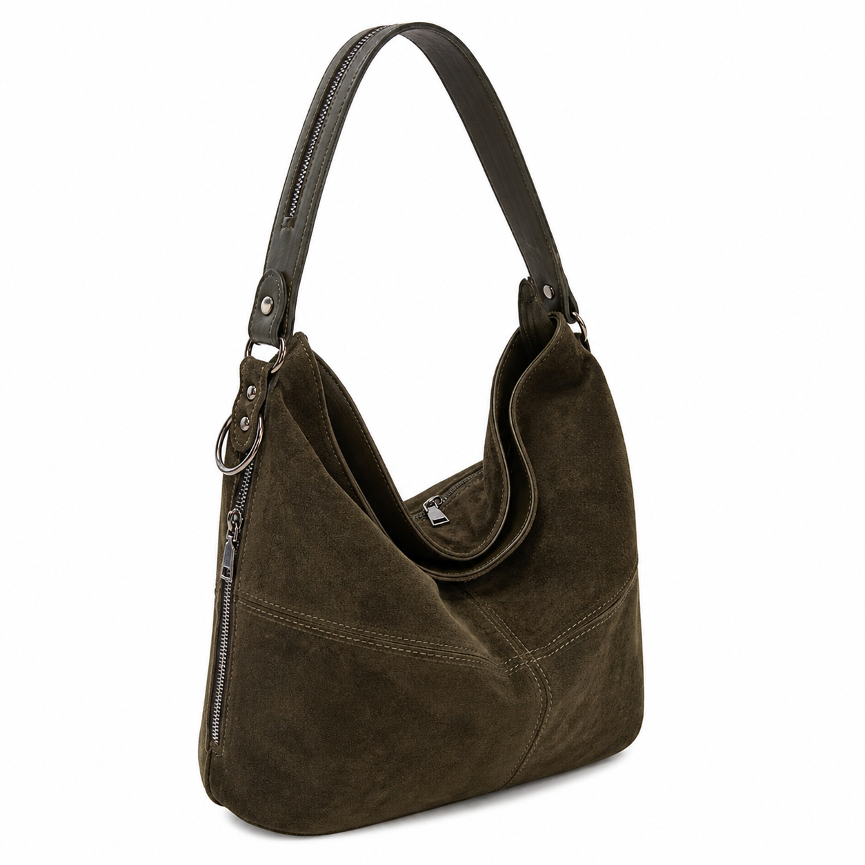 Sellona Bag Dark Olive Suede Hobo Shoulder Bag with Zipper Detail – Turkish Design