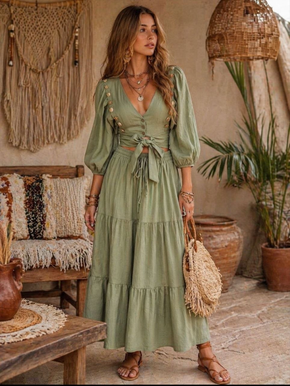 ASPRIN Olive Boho Maxi Dress – Luxury Turkish Summer Style