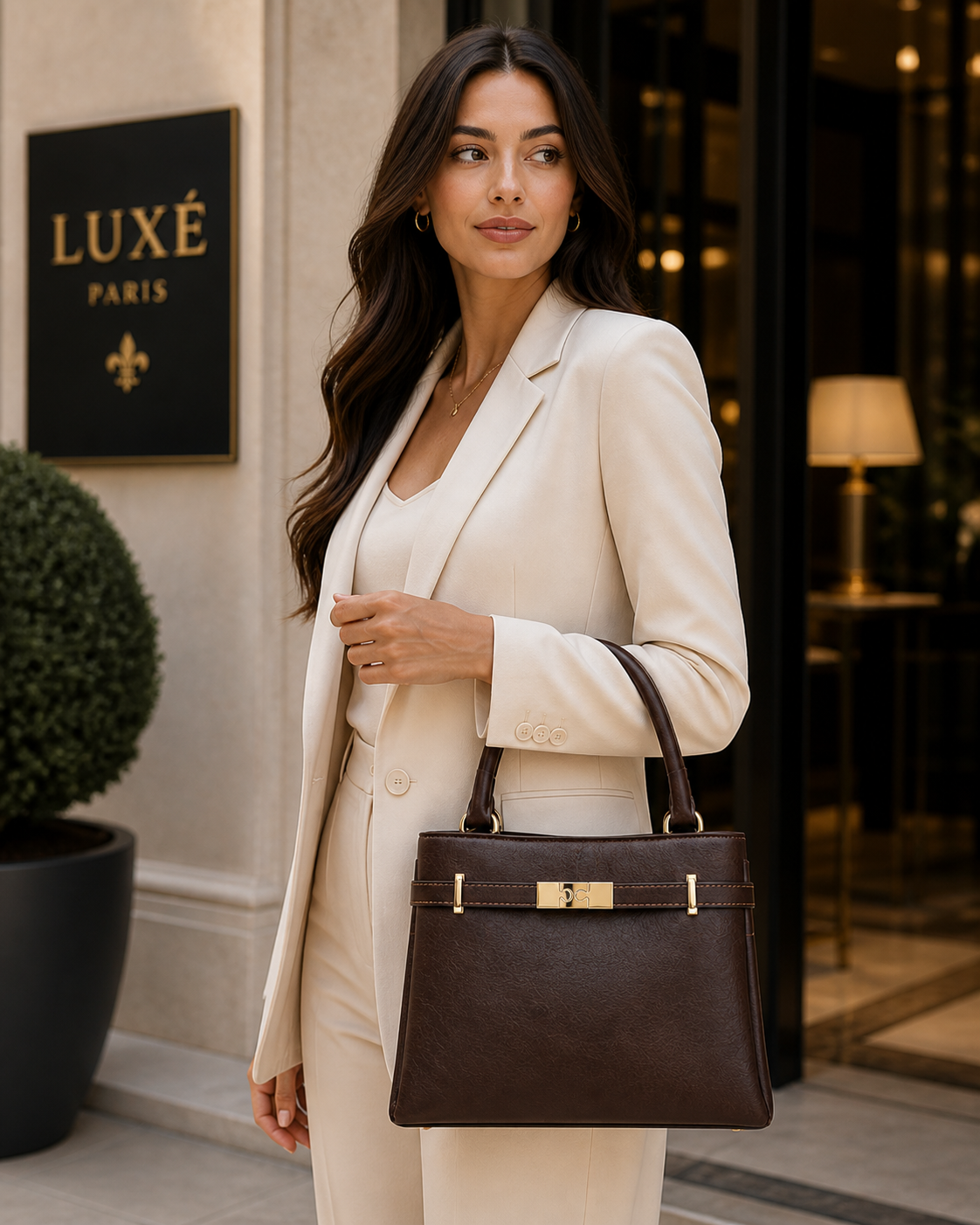 Molita Dark Brown Classic Handbag with Gold Lock Detail – Turkish Design