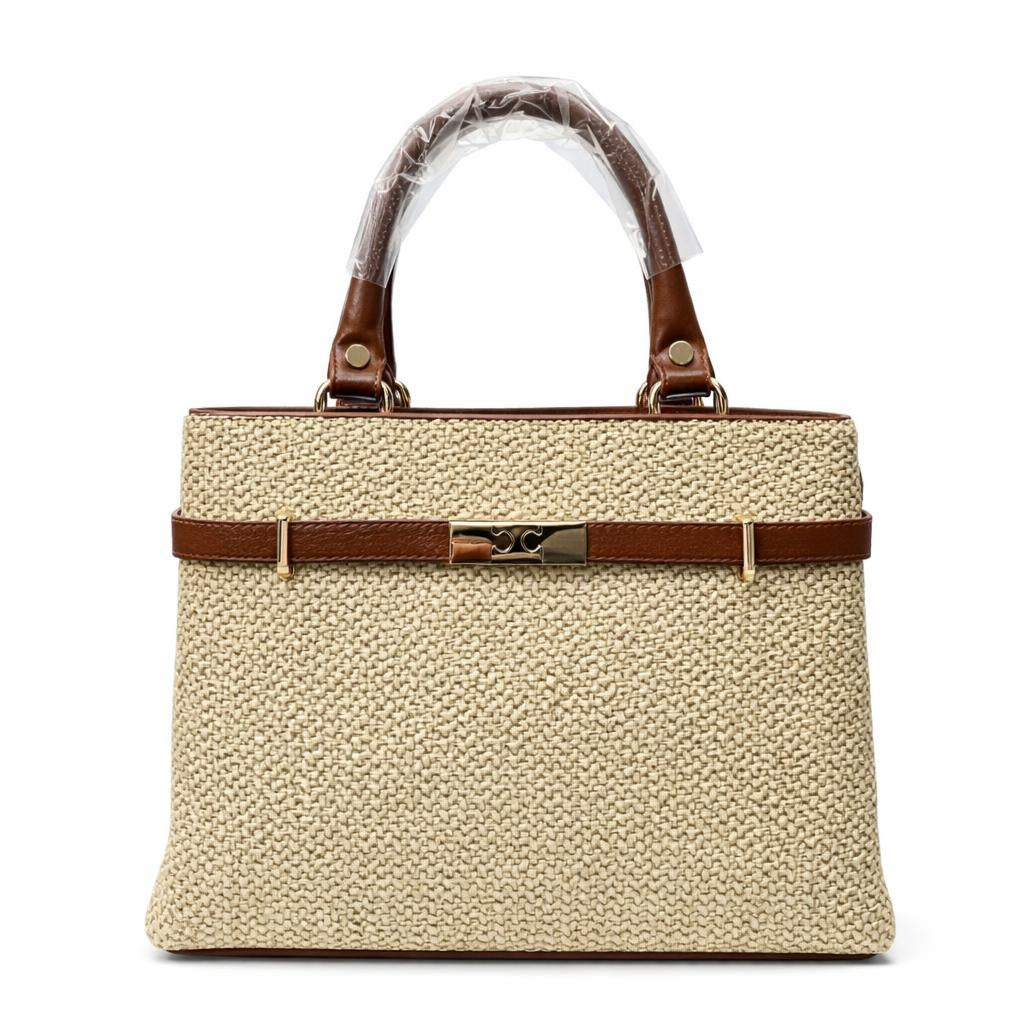 Molita Beige Woven Texture Structured Handbag with Brown Strap and Gold Lock Detail – Turkish Design