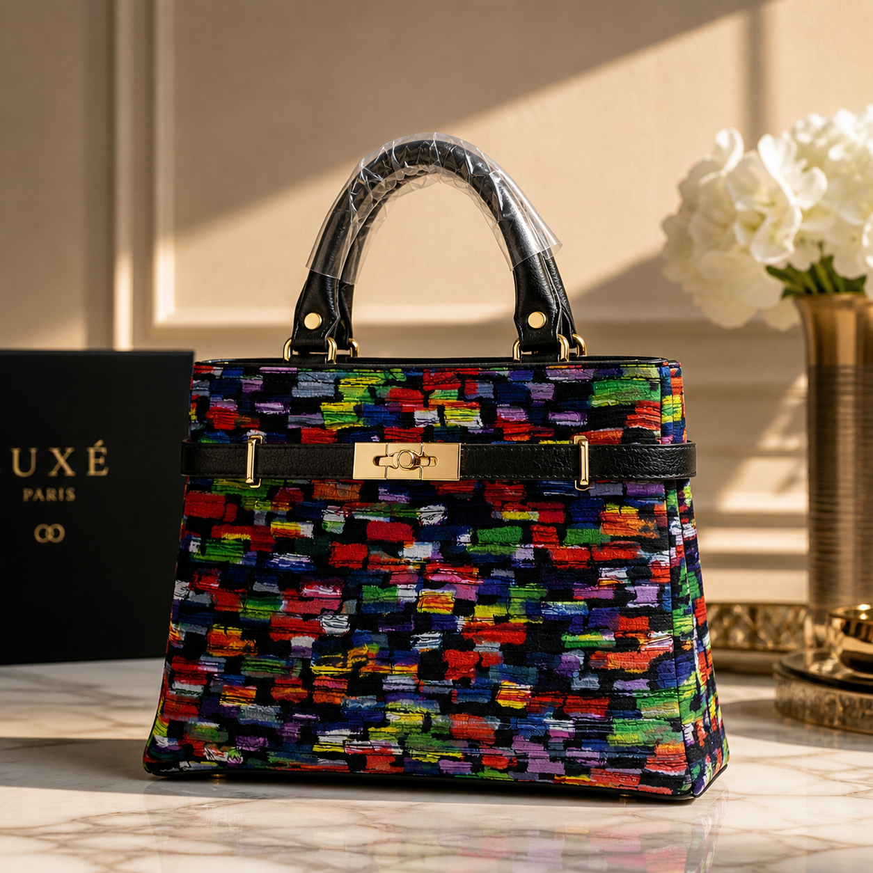 Molita Multicolor Pattern Structured Handbag with Gold Lock Detail – Turkish Design