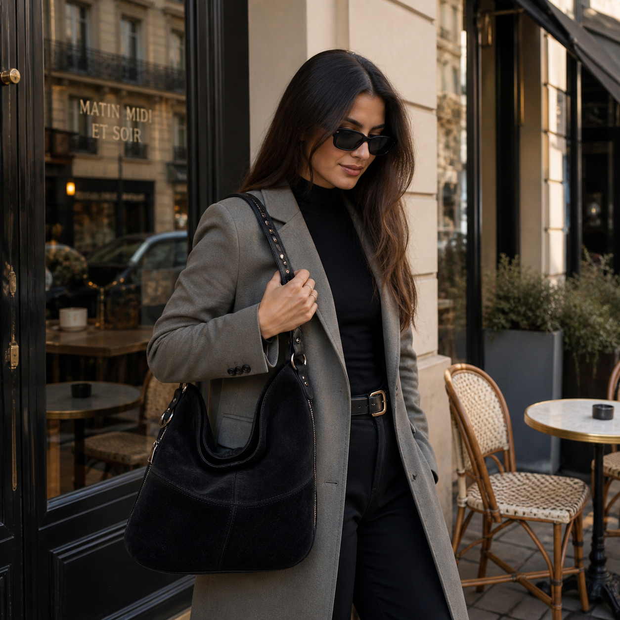 Sellona Bag Black Suede Hobo Shoulder Bag with Zipper Detail – Turkish Design