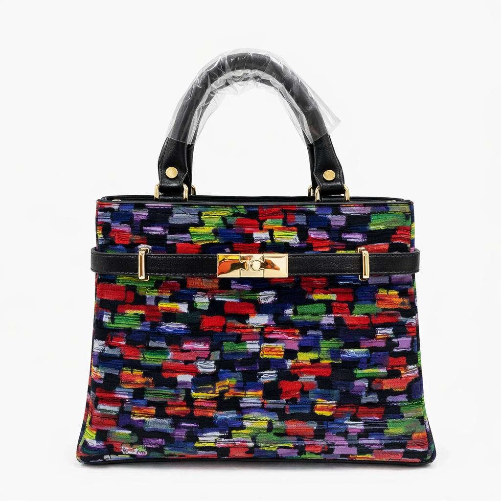 Molita Multicolor Pattern Structured Handbag with Gold Lock Detail – Turkish Design