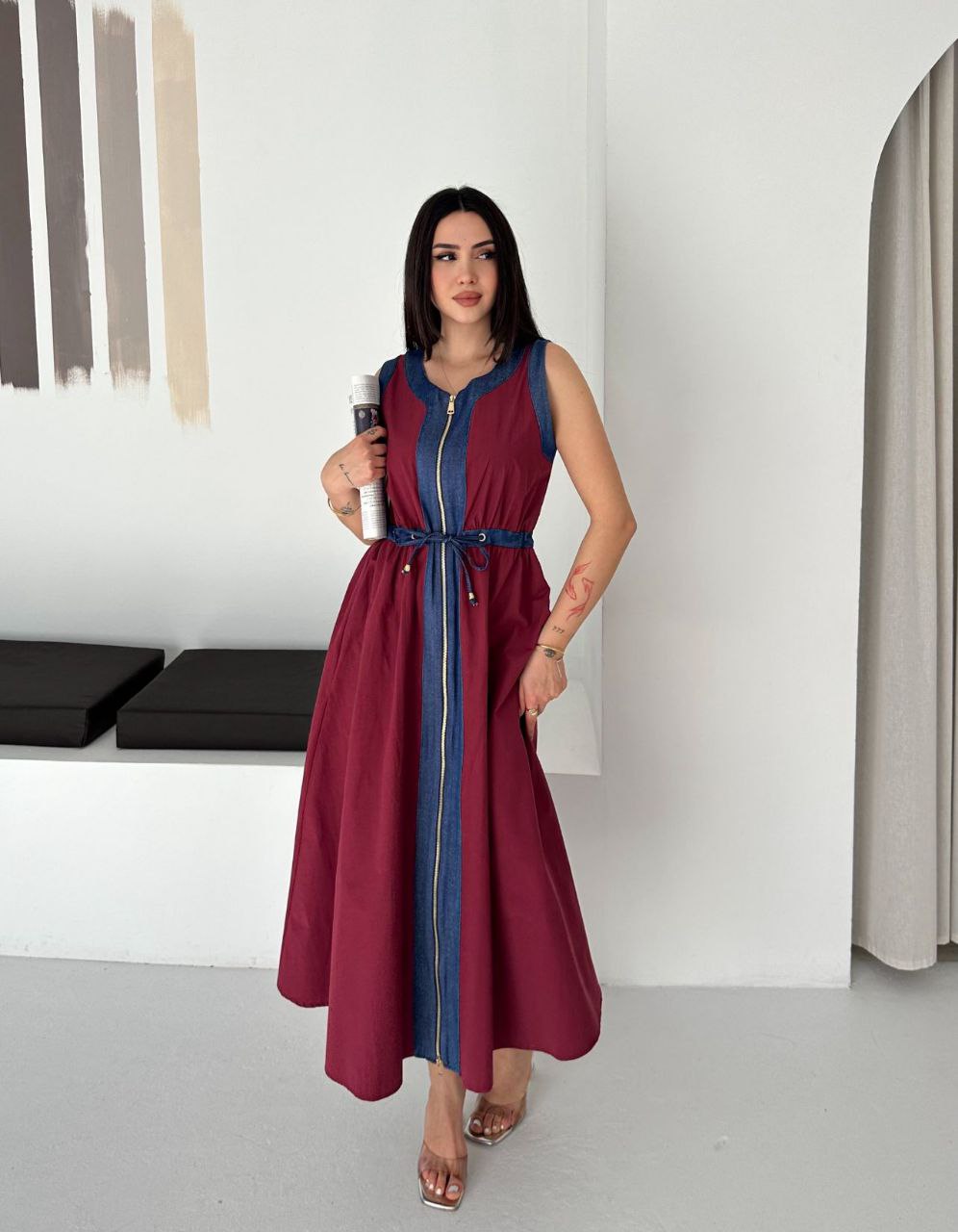 ASPRIN Burgundy & Denim Maxi Dress – Luxury Turkish Elegant Style