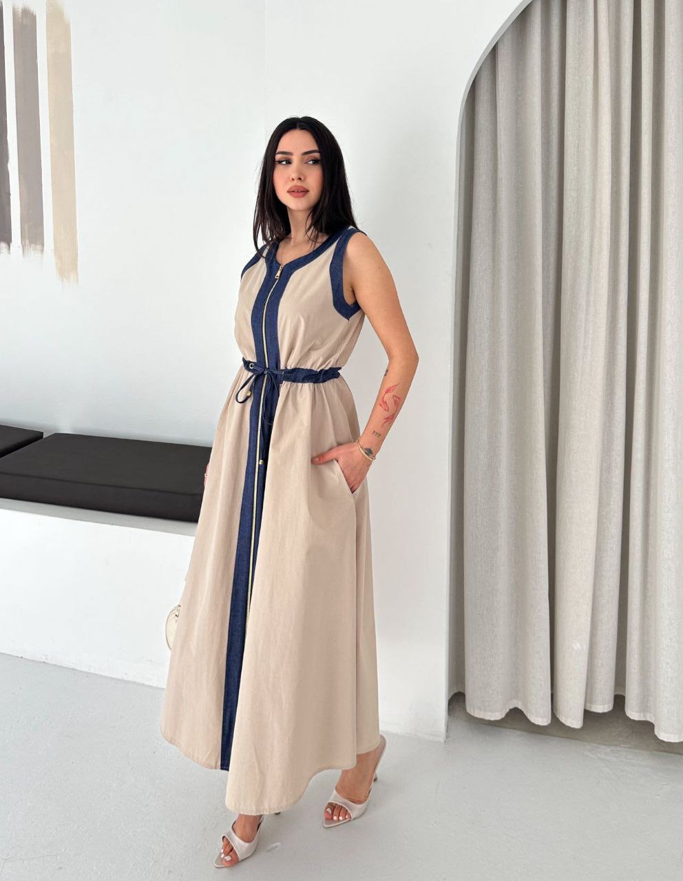 ASPRIN Beige & Denim Maxi Dress – Luxury Turkish Elegant Style