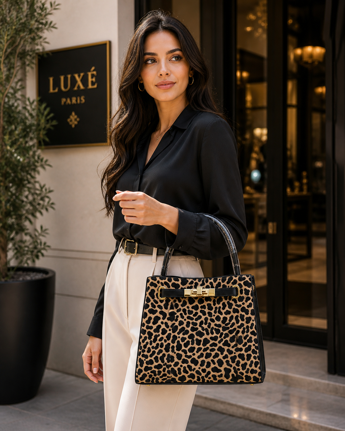 Molita Black & Beige Animal Print Handbag with Gold Lock Detail – Turkish Design