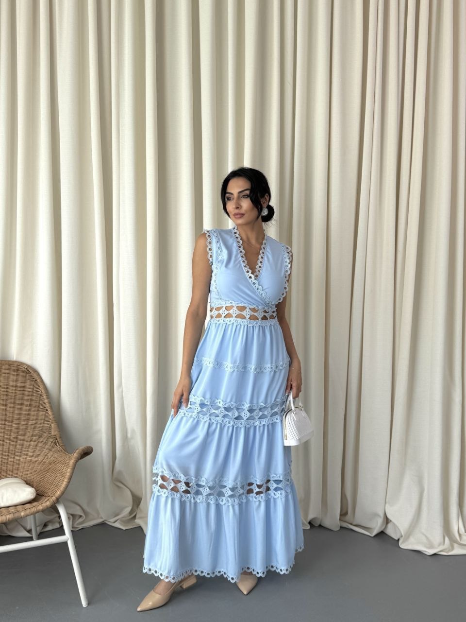 MSN Sky Blue Lace Maxi Dress – Luxury Turkish Feminine Elegance