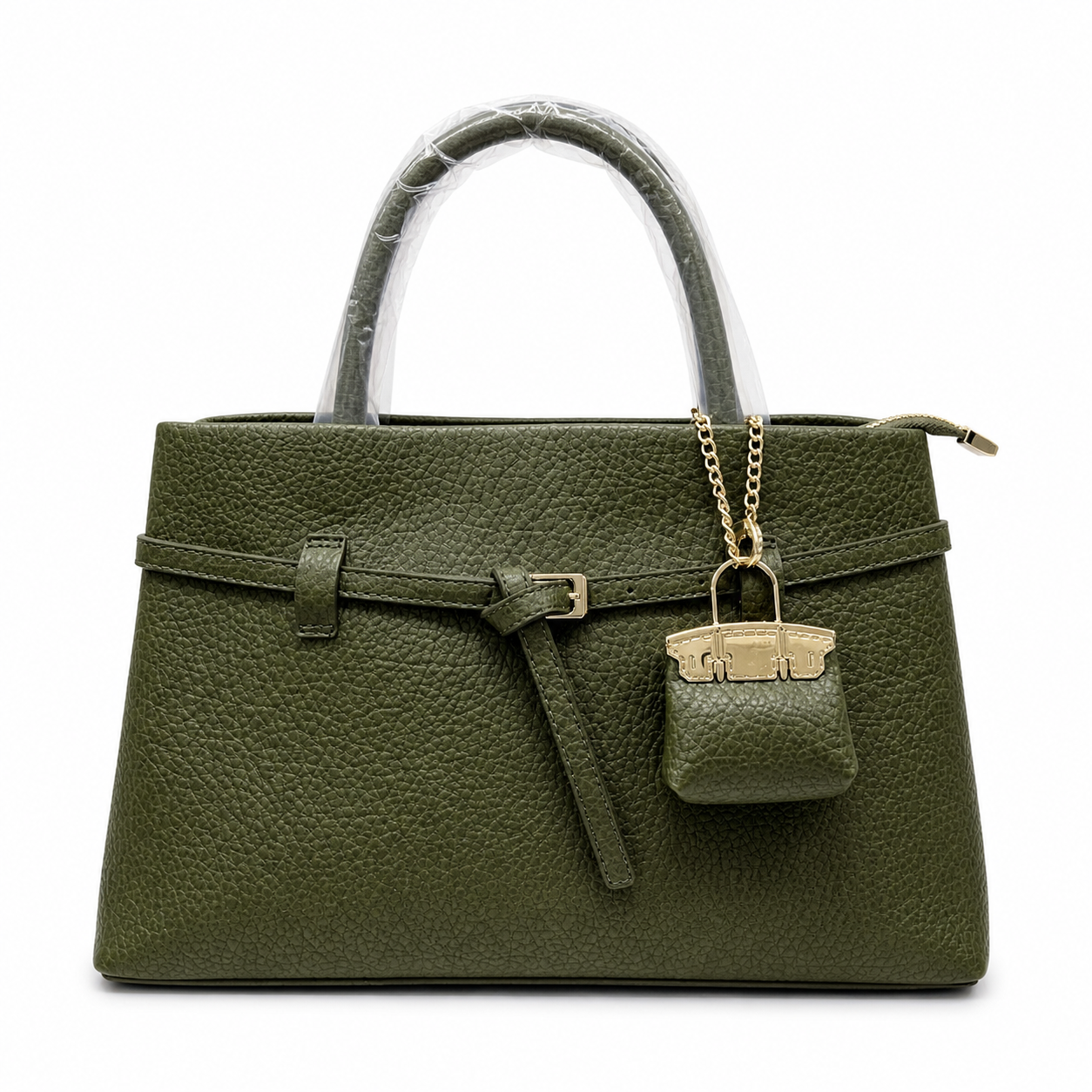 Molita Olive Green Textured Handbag with Charm & Gold Detail – Turkish Design