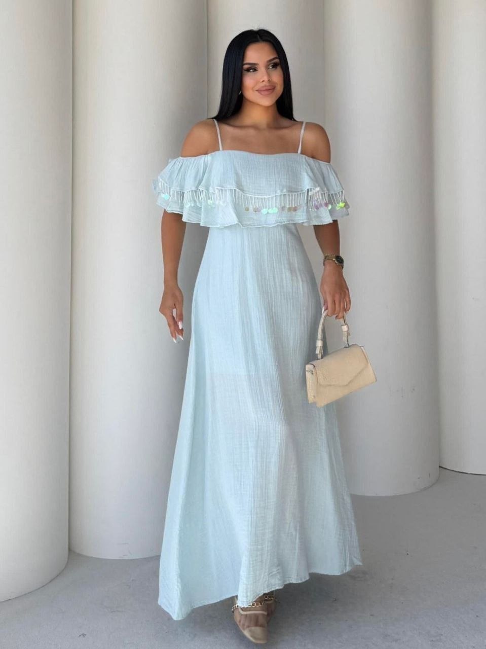 ASPRIN Sky Breeze Off-Shoulder Maxi Dress – Luxury Turkish Summer Dress