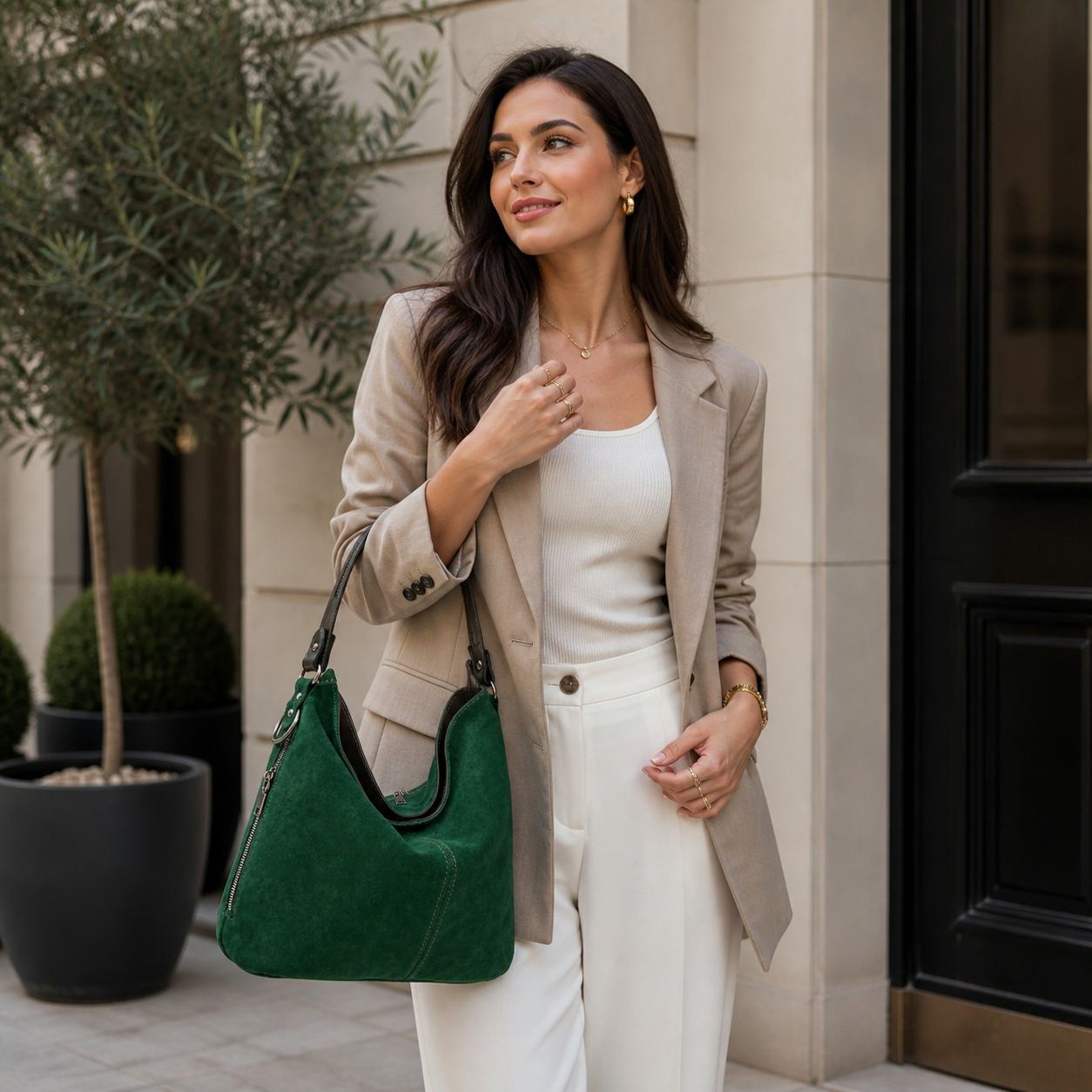 Sellona Bag Green Suede Hobo Shoulder Bag with Zipper Detail – Turkish Design
