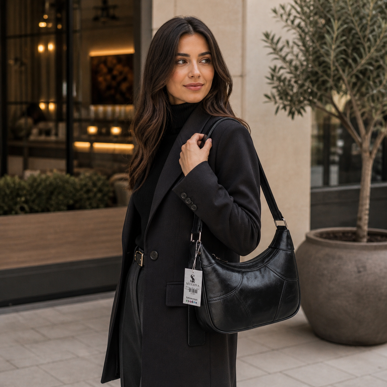Sellona Bag Black Leather Baguette Shoulder Bag – Turkish Design