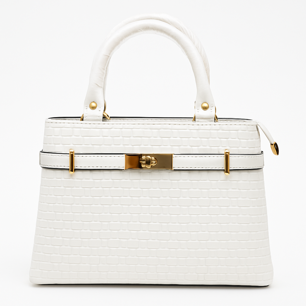 Molita White Woven Texture Structured Handbag with Gold Lock Detail – Turkish Design